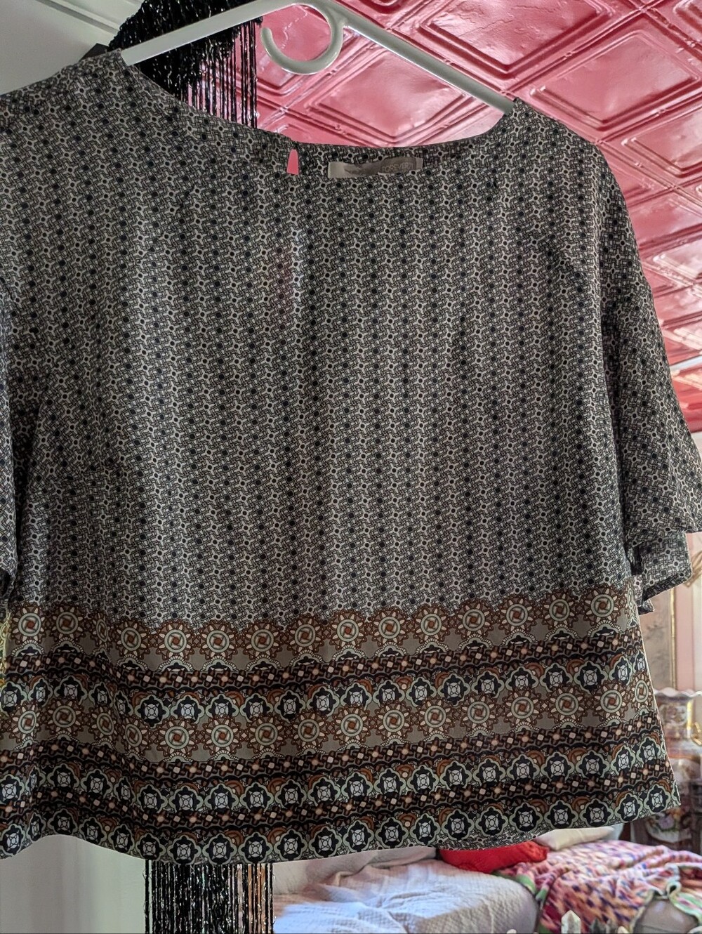 Forever 21 Brown and Black Printed Border Hem Blouse